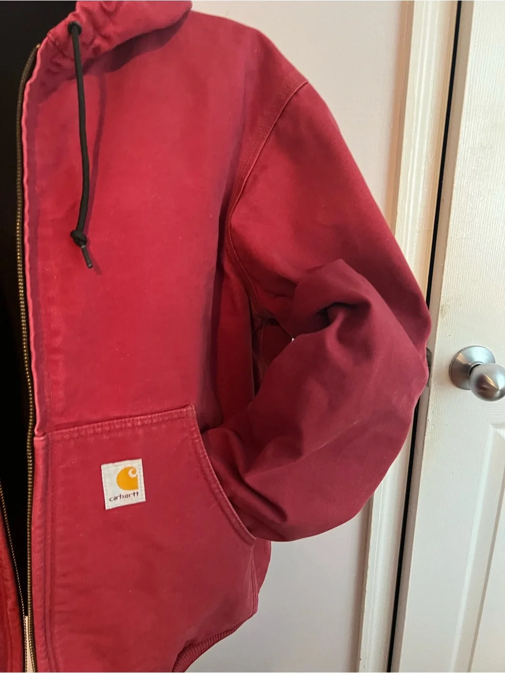 Carhartt J158 DKH Red Jacket Mens Large Duck Red Fleece Lined Hooded Vintage